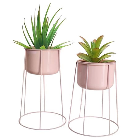 Uniquewise Set of 2 Decorative Contemporary Pink Metal Flower Planter Holders w/ Stand, 29 / 26 in H QI004246
